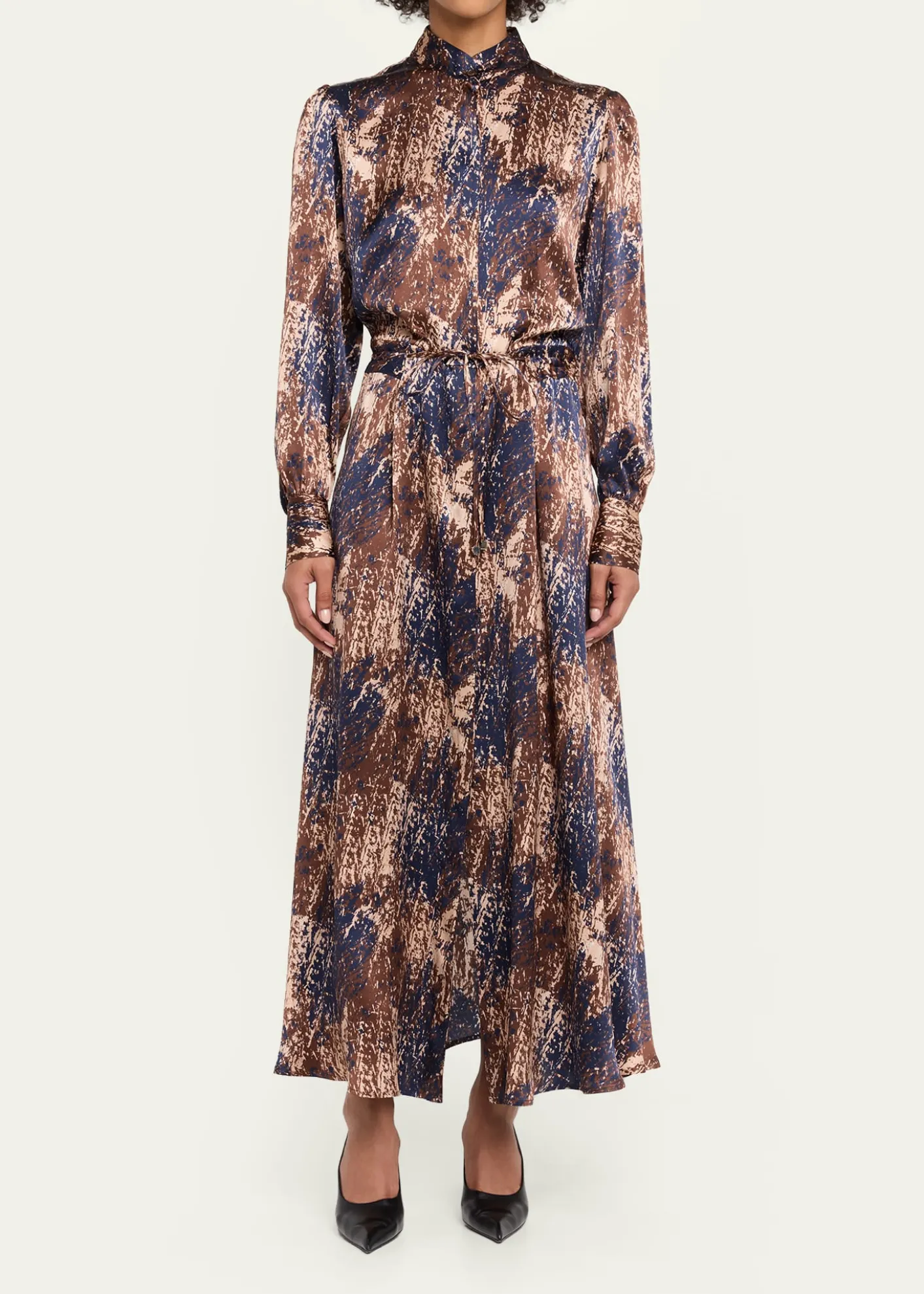 KitonLong-Sleeve Abstract-Print Silk Drawstring Maxi Shirtdress