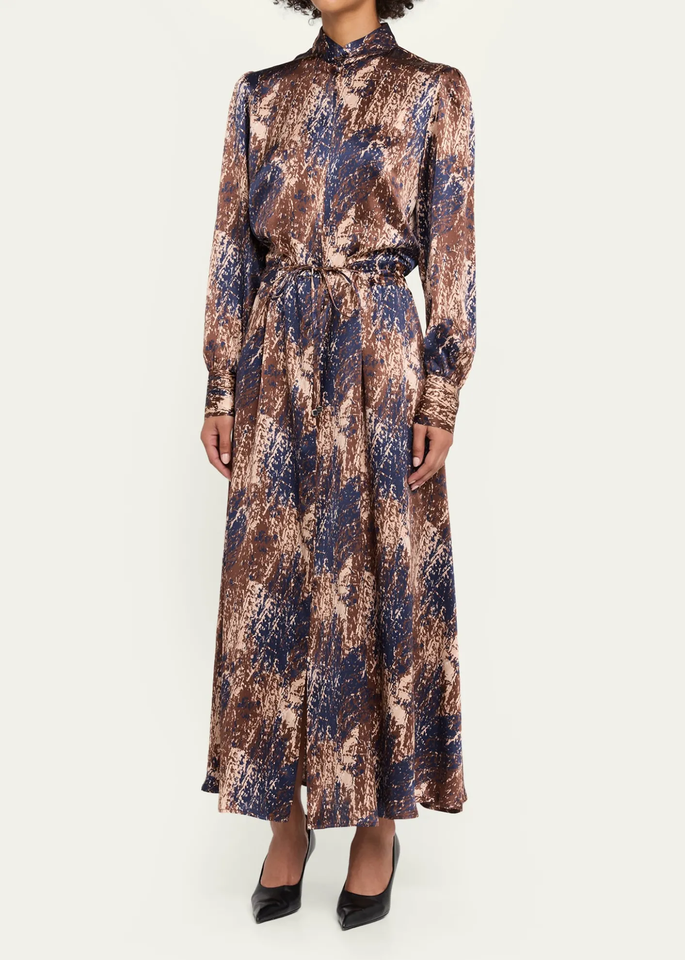 KitonLong-Sleeve Abstract-Print Silk Drawstring Maxi Shirtdress