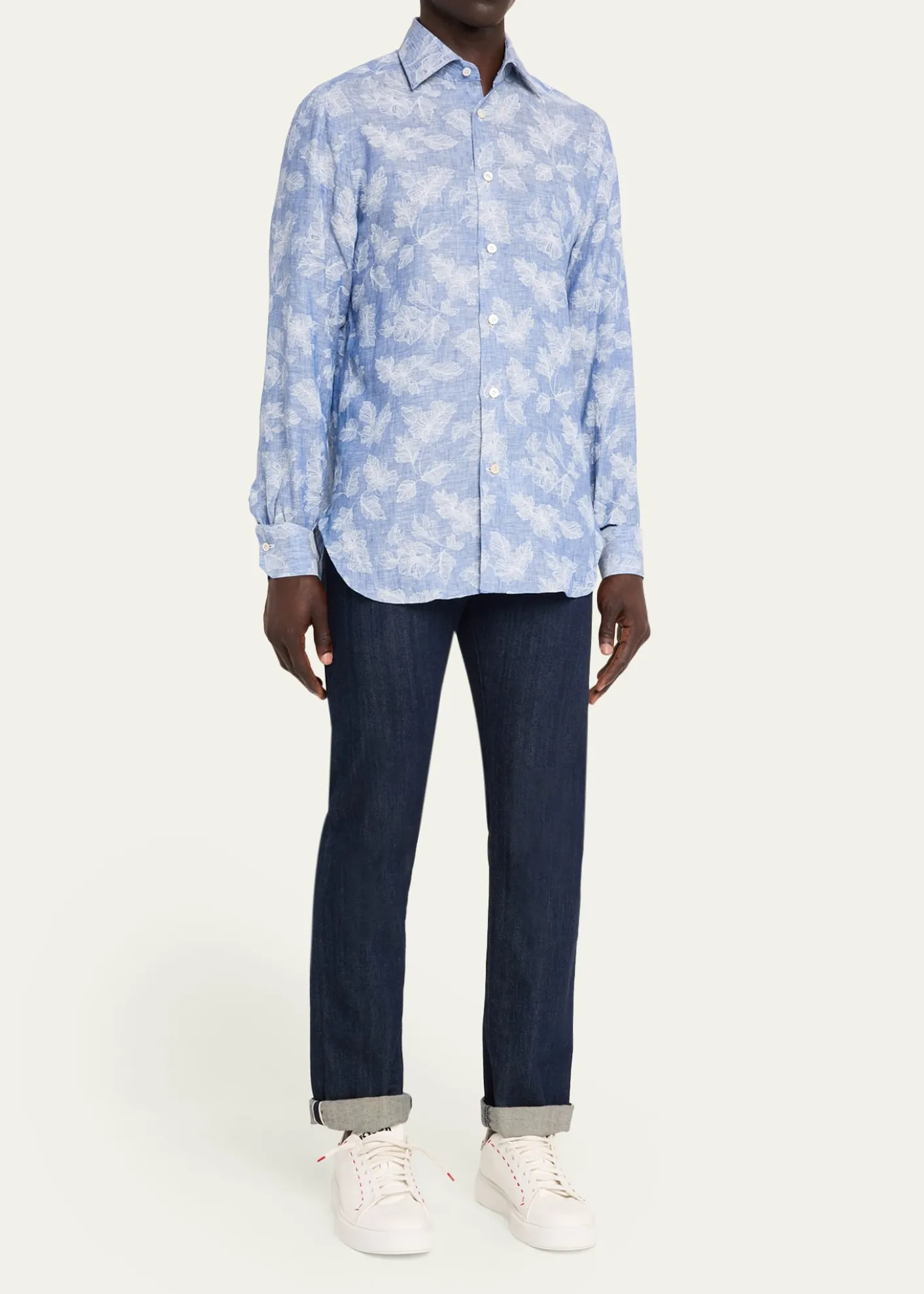 KitonMen's Floral Linen Button-Down Shirt