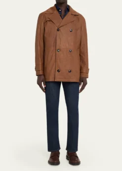 KitonMen's Leather Vintage-Effect Short Trench Coat