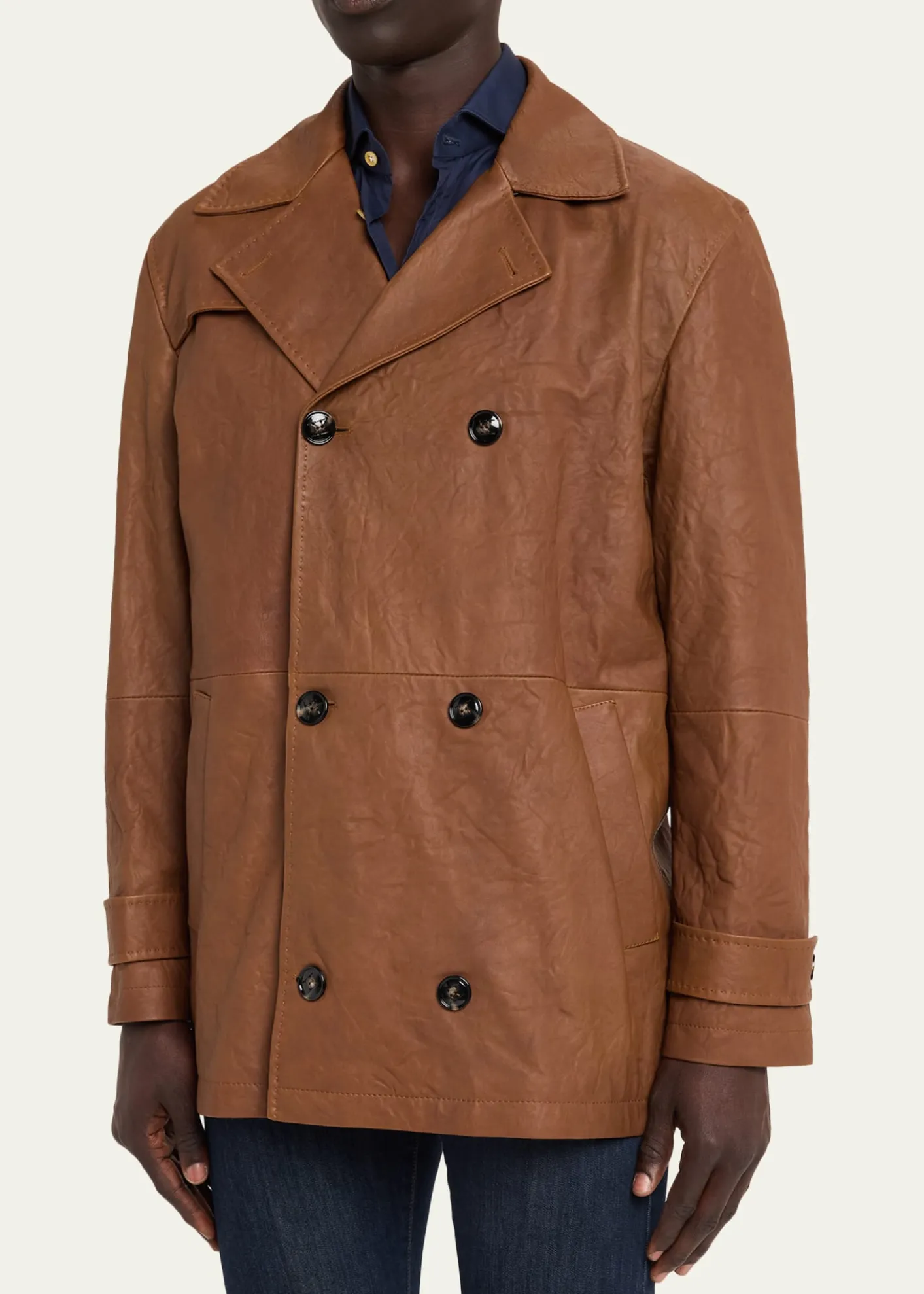 KitonMen's Leather Vintage-Effect Short Trench Coat