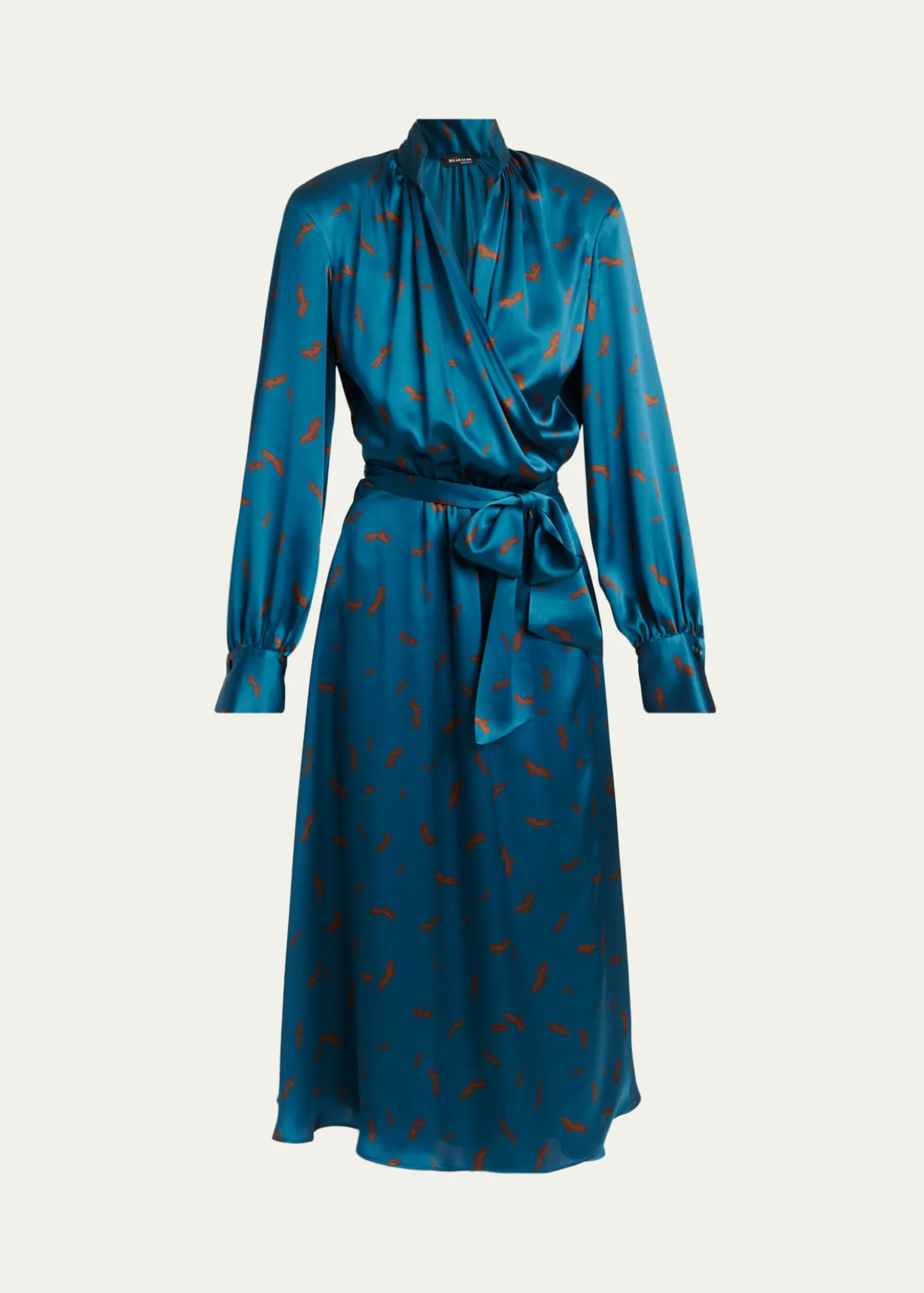 KitonStrong-Shoulder Long-Sleeve Satin Midi Wrap Dress