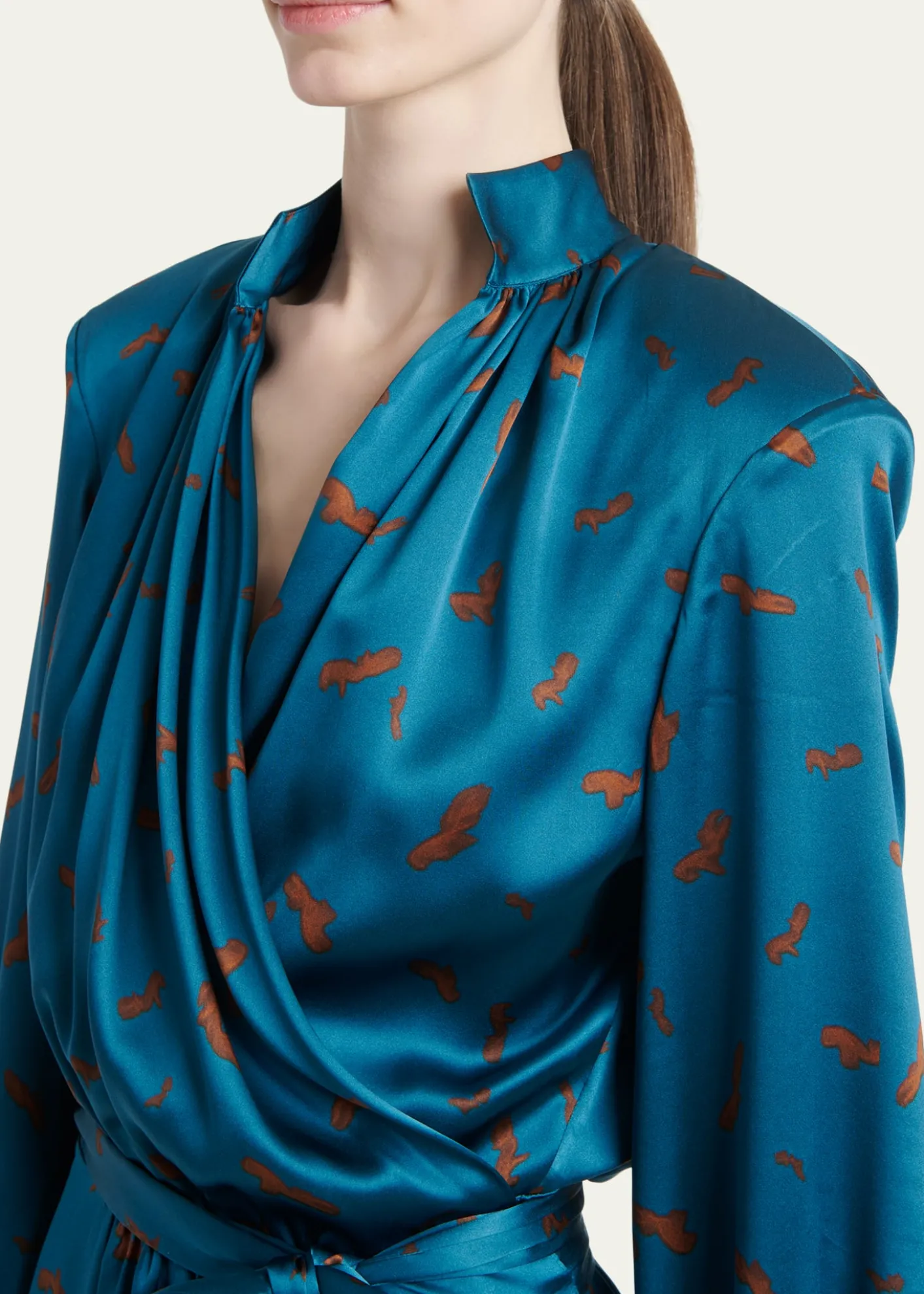 KitonStrong-Shoulder Long-Sleeve Satin Midi Wrap Dress
