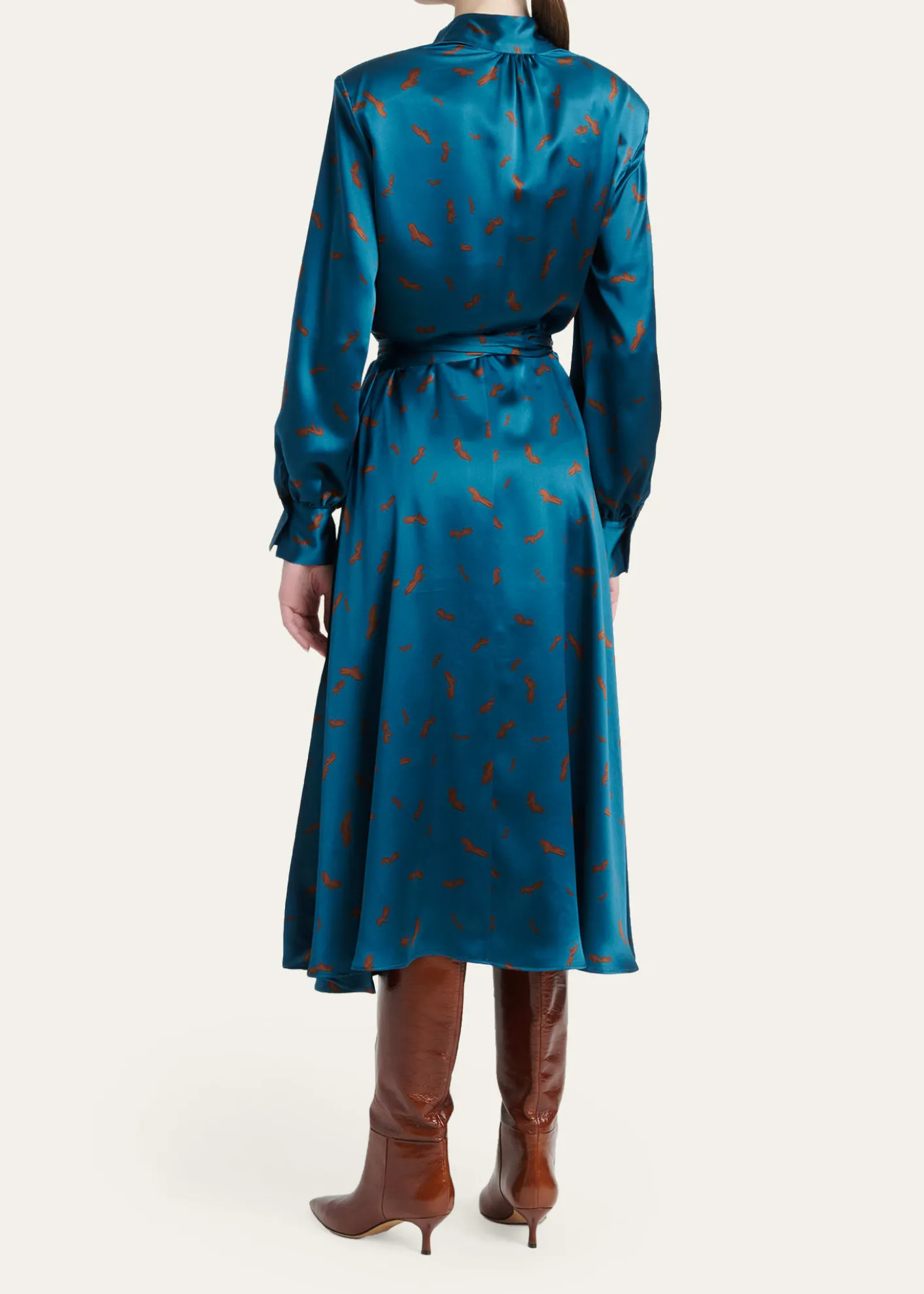 KitonStrong-Shoulder Long-Sleeve Satin Midi Wrap Dress