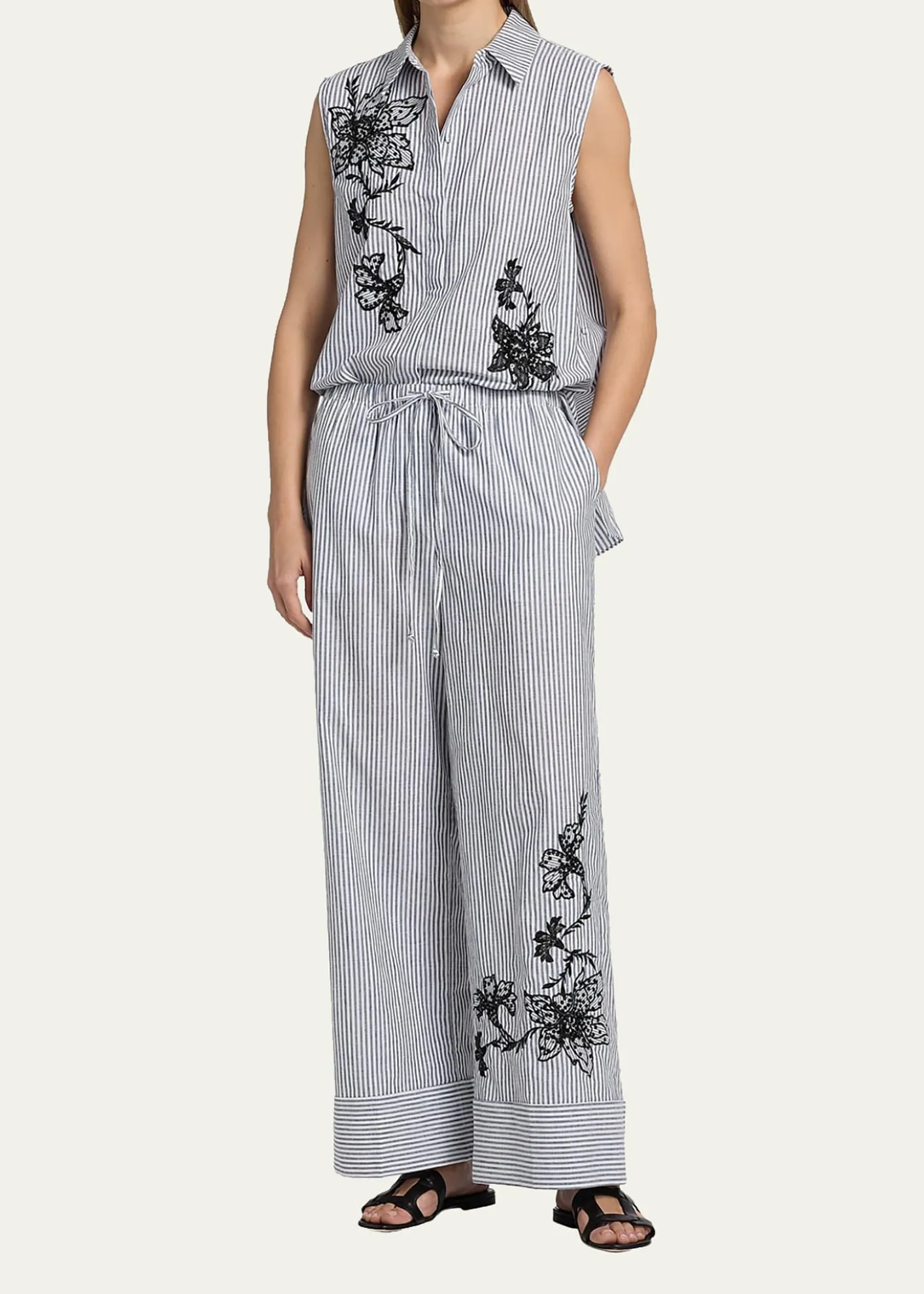 Kobi HalperinCallie Embroidered Striped Wide-Leg Pants