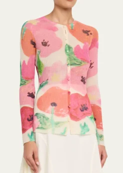 Lafayette 148 New YorkFloral-Print Rib Knit Cardigan