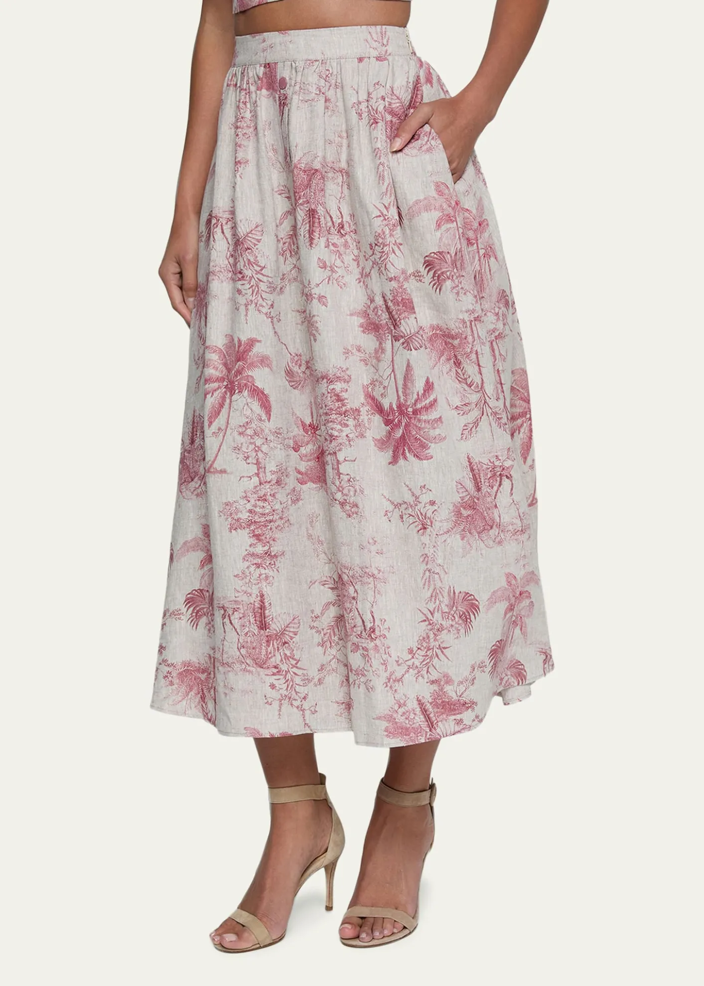 L'AgenceSeina Pleated Etoile-Print Linen Midi Skirt