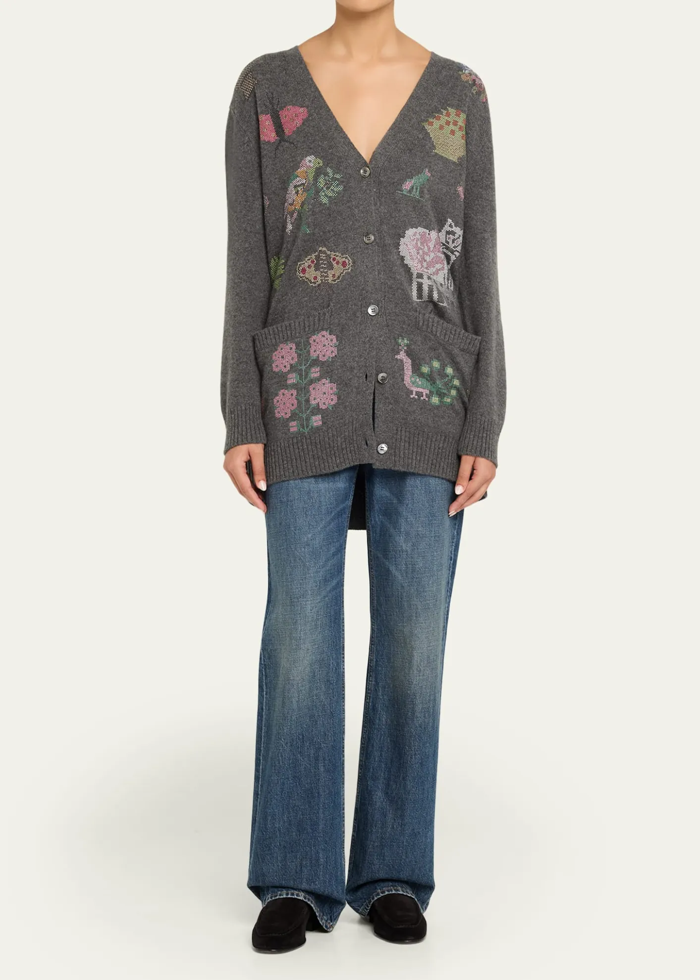 LibertineNeedlepoint Embellished Cashmere Oversized V-Neck Cardigan