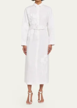 LibertineWhite On White Hand Silk Screen Belted Linen Shirtdress