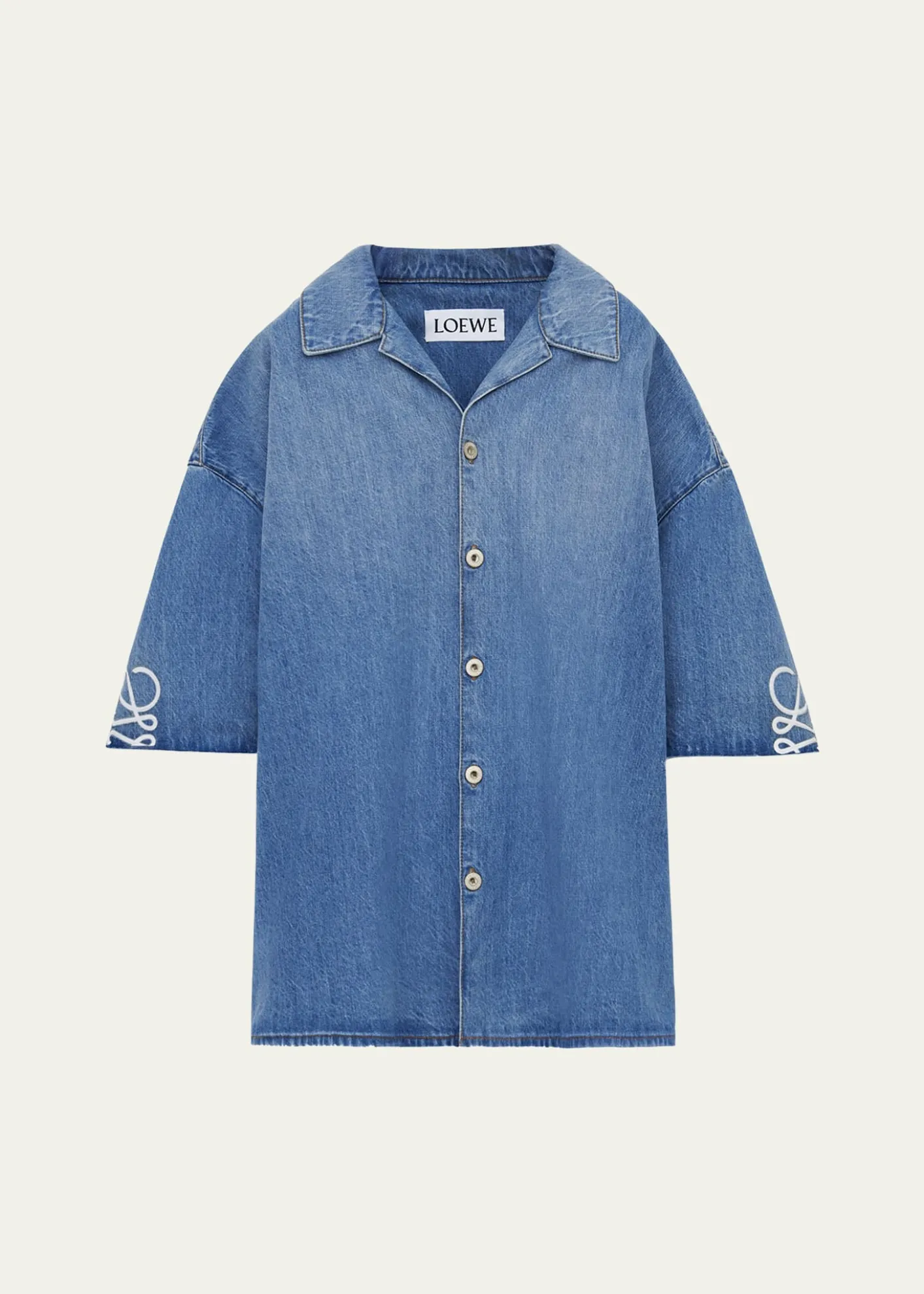 LoeweMen's Washed Denim Anagram-Sleeve Camp Shirt