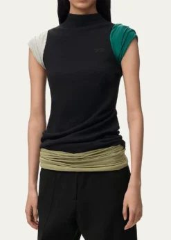LoeweMock-Neck Colorblock Cap-Sleeve Knit Top