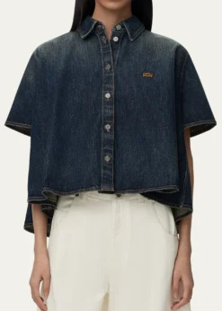 LoeweShort-Sleeve Denim Trapeze Button-Down Shirt