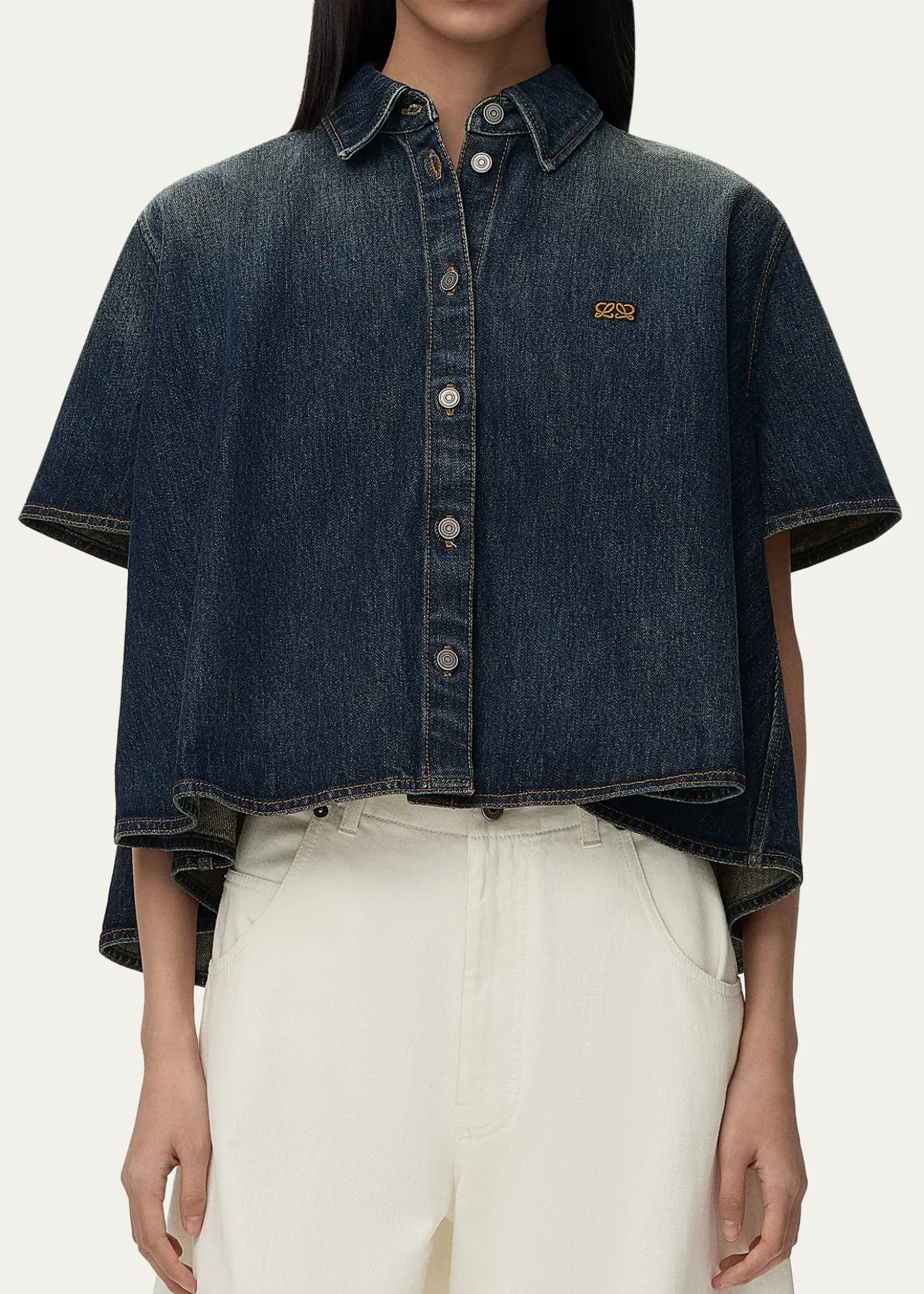 LoeweShort-Sleeve Denim Trapeze Button-Down Shirt