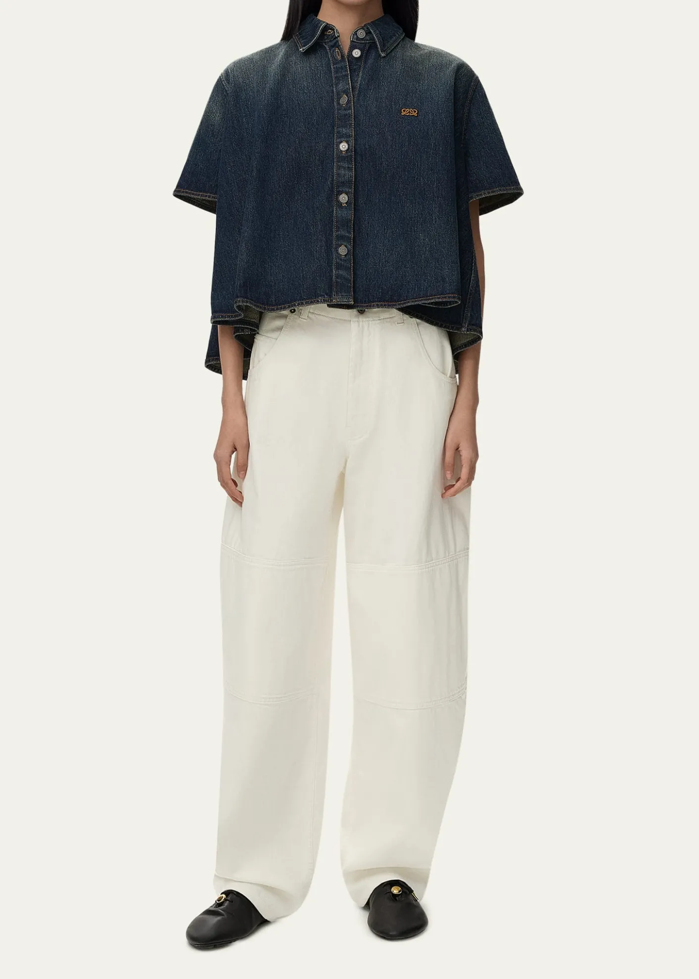 LoeweShort-Sleeve Denim Trapeze Button-Down Shirt