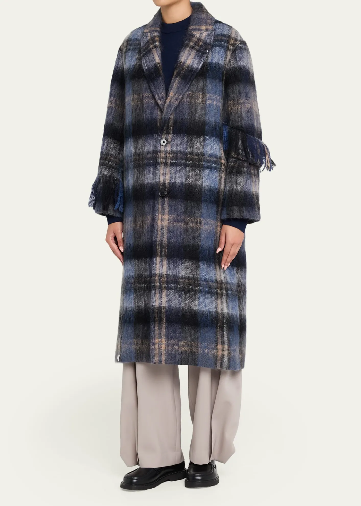 LoeweSingle-Breasted Plaid Wool Fringe Long Coat