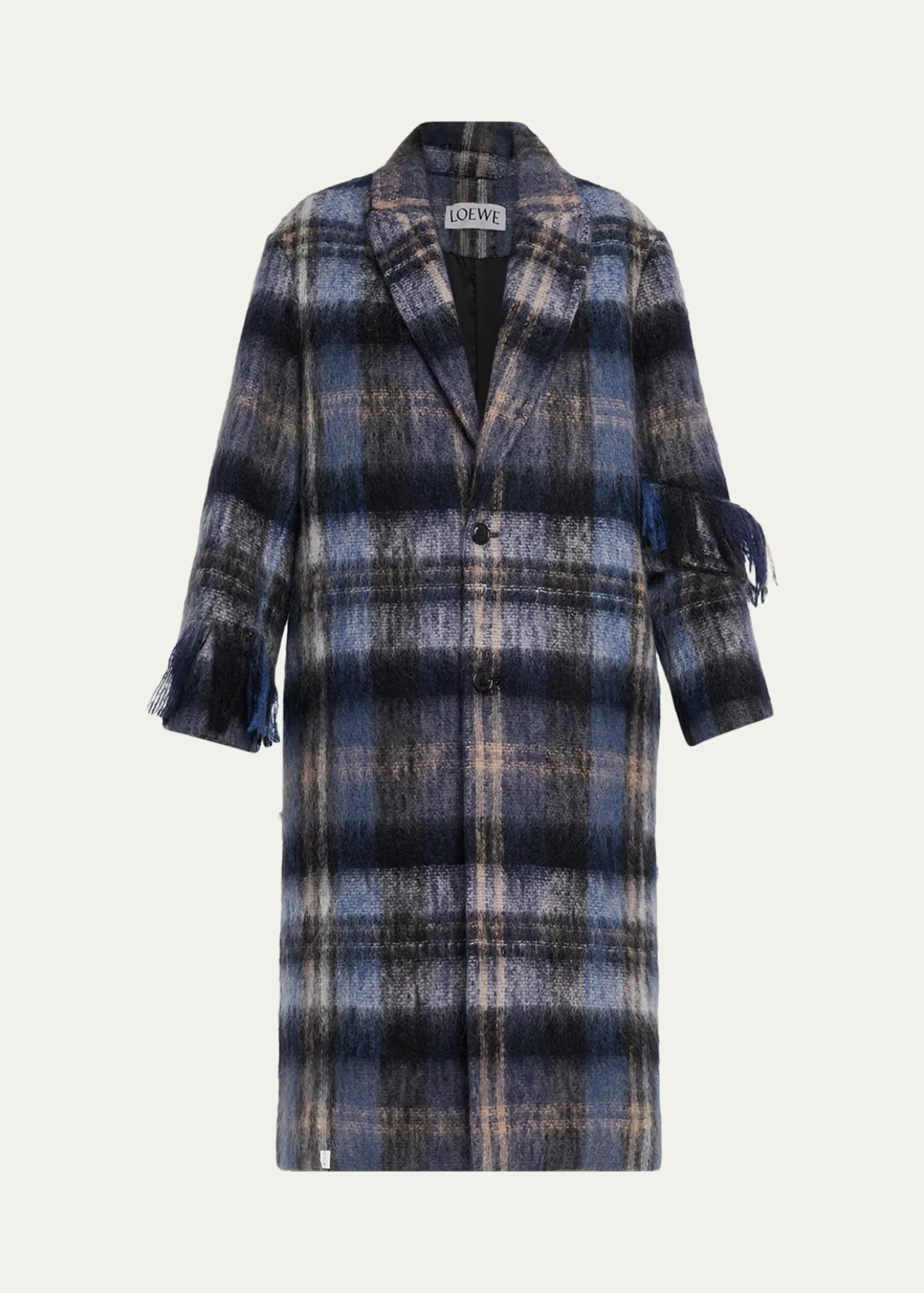 LoeweSingle-Breasted Plaid Wool Fringe Long Coat