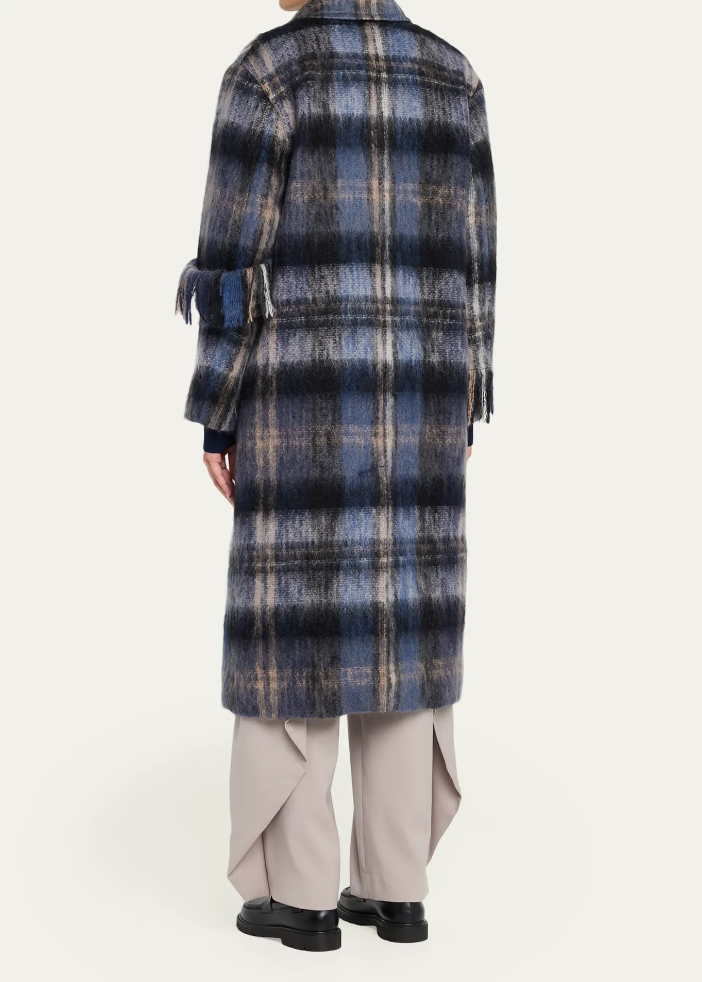 LoeweSingle-Breasted Plaid Wool Fringe Long Coat