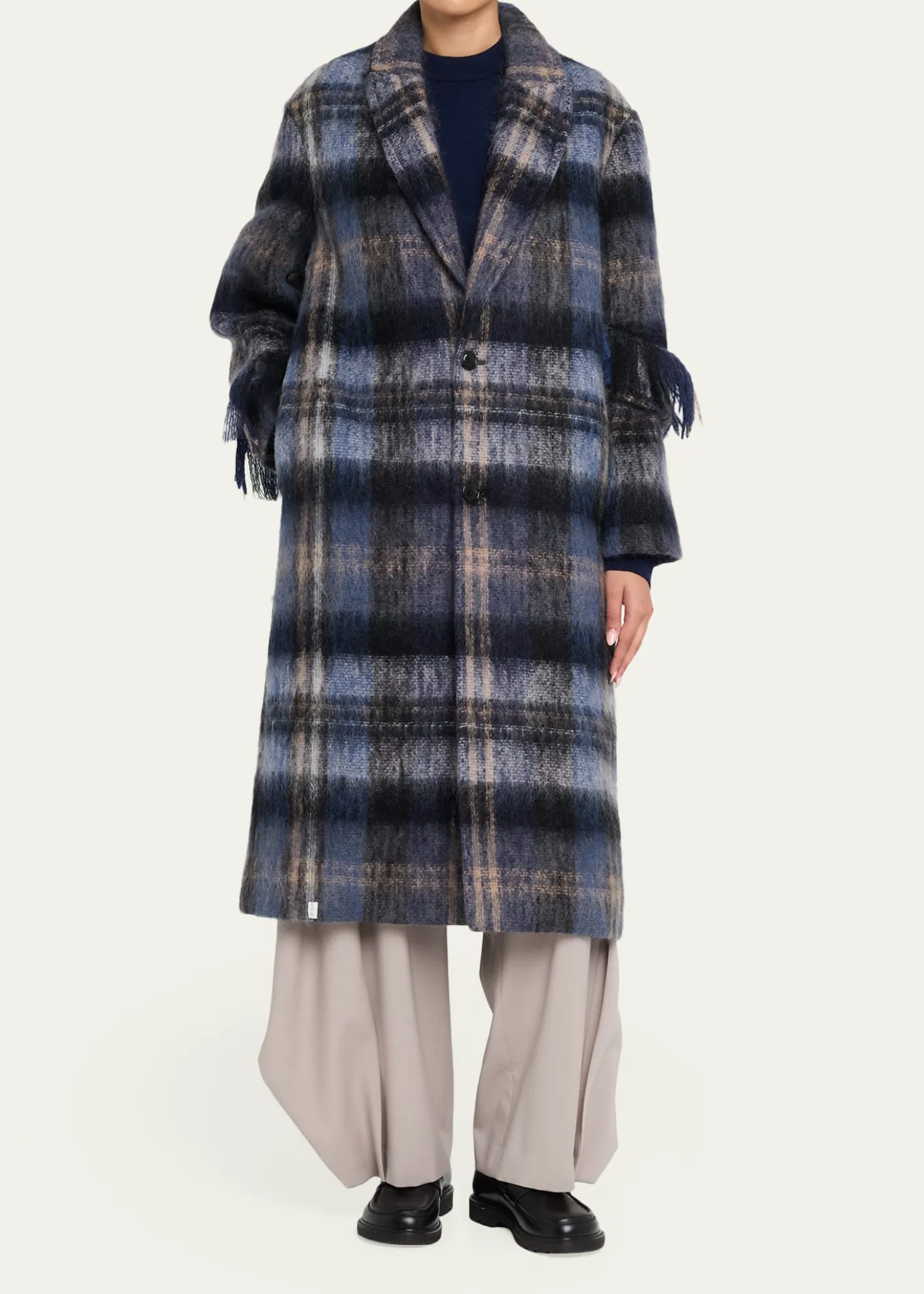 LoeweSingle-Breasted Plaid Wool Fringe Long Coat