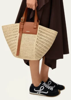 Loewex Paula's Ibiza Medium Hammock Cabas Bag in Raffia and Calfskin
