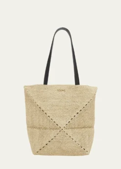 Loewex Paula's Ibiza Medium Puzzle Fold Tote Bag in Raffia with Leather Handles