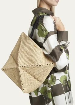 Loewex Paula's Ibiza Medium Puzzle Fold Tote Bag in Raffia with Leather Handles