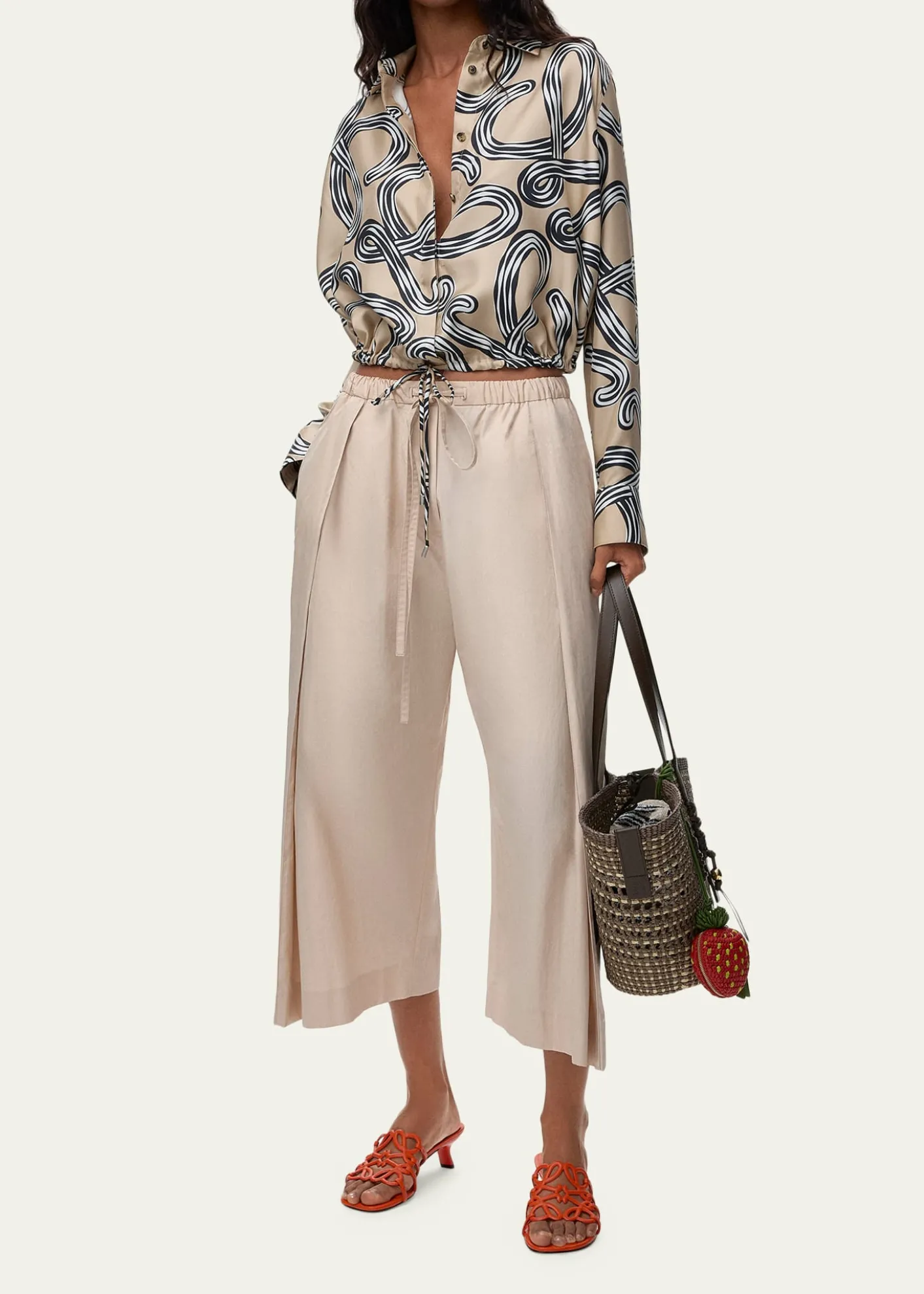 Loewex Paula's Ibiza Pleated Wide-Leg Crop Drawstring Pants