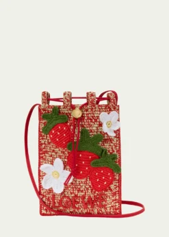 Loewex Paula's Ibiza Strawberry Applique Raffia Pouch Bag