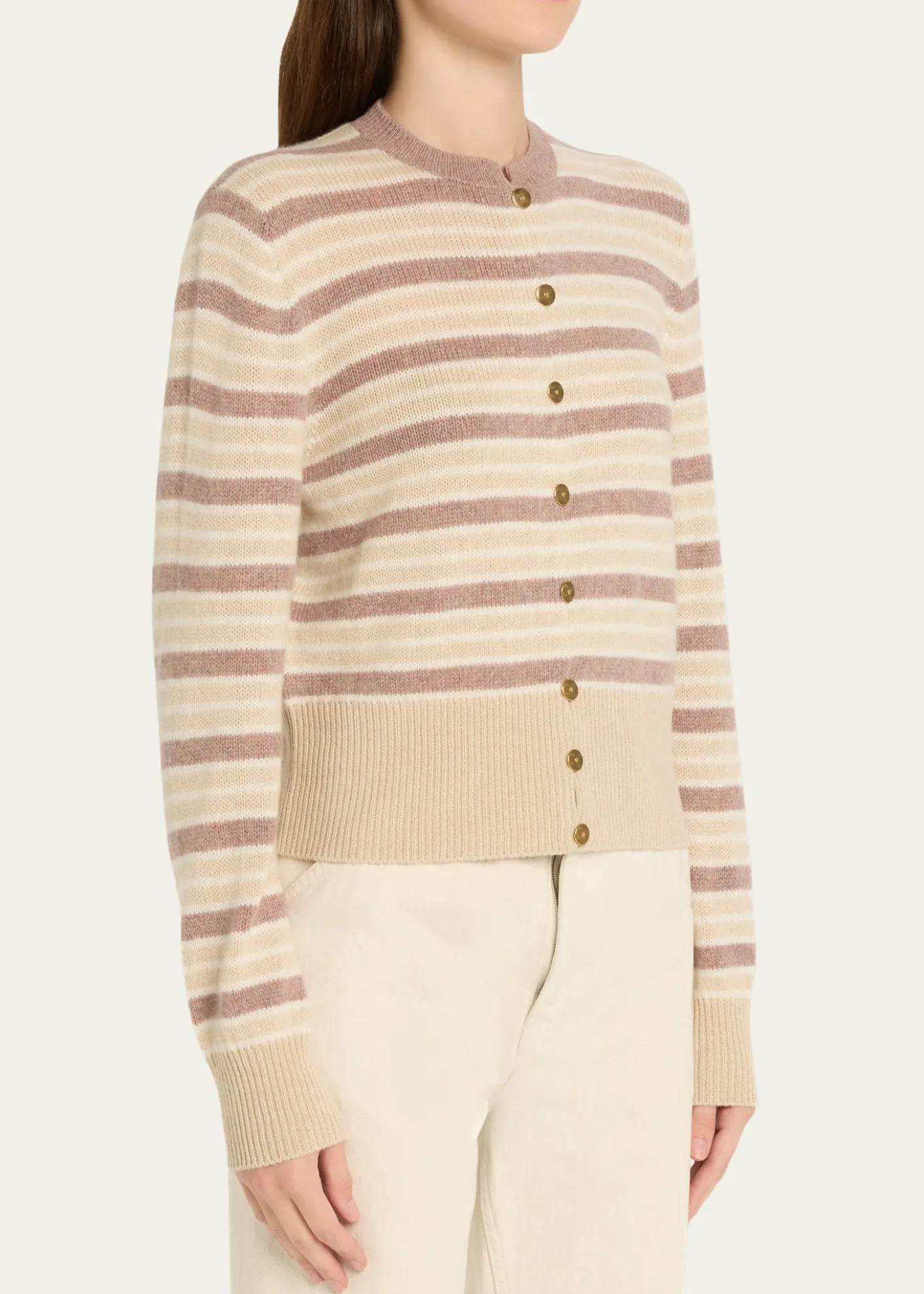 Loro PianaFobello Striped Cashmere Crewneck Cardigan