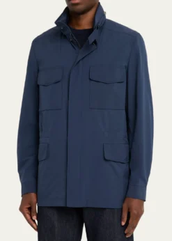 Loro PianaMen's Traveller Storm System Microfiber Field Jacket with Hood