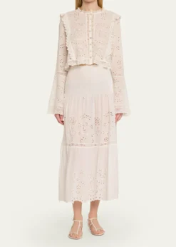 LoveShackFancyMallow Embroidered Cotton Midi Skirt