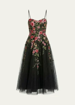 Mac DuggalFloral-Embroidered Tulle Midi Dress