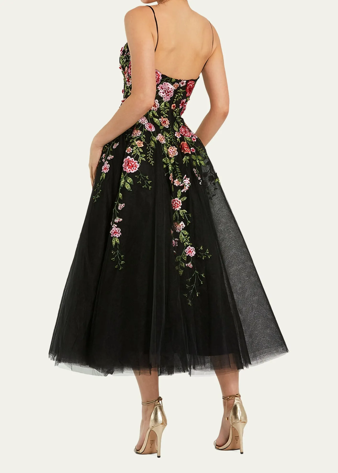 Mac DuggalFloral-Embroidered Tulle Midi Dress
