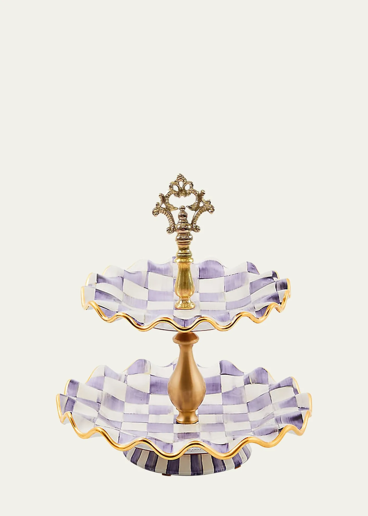 MacKenzie-ChildsViolet Check Fluted Ceramic Two-Tier Sweet Stand