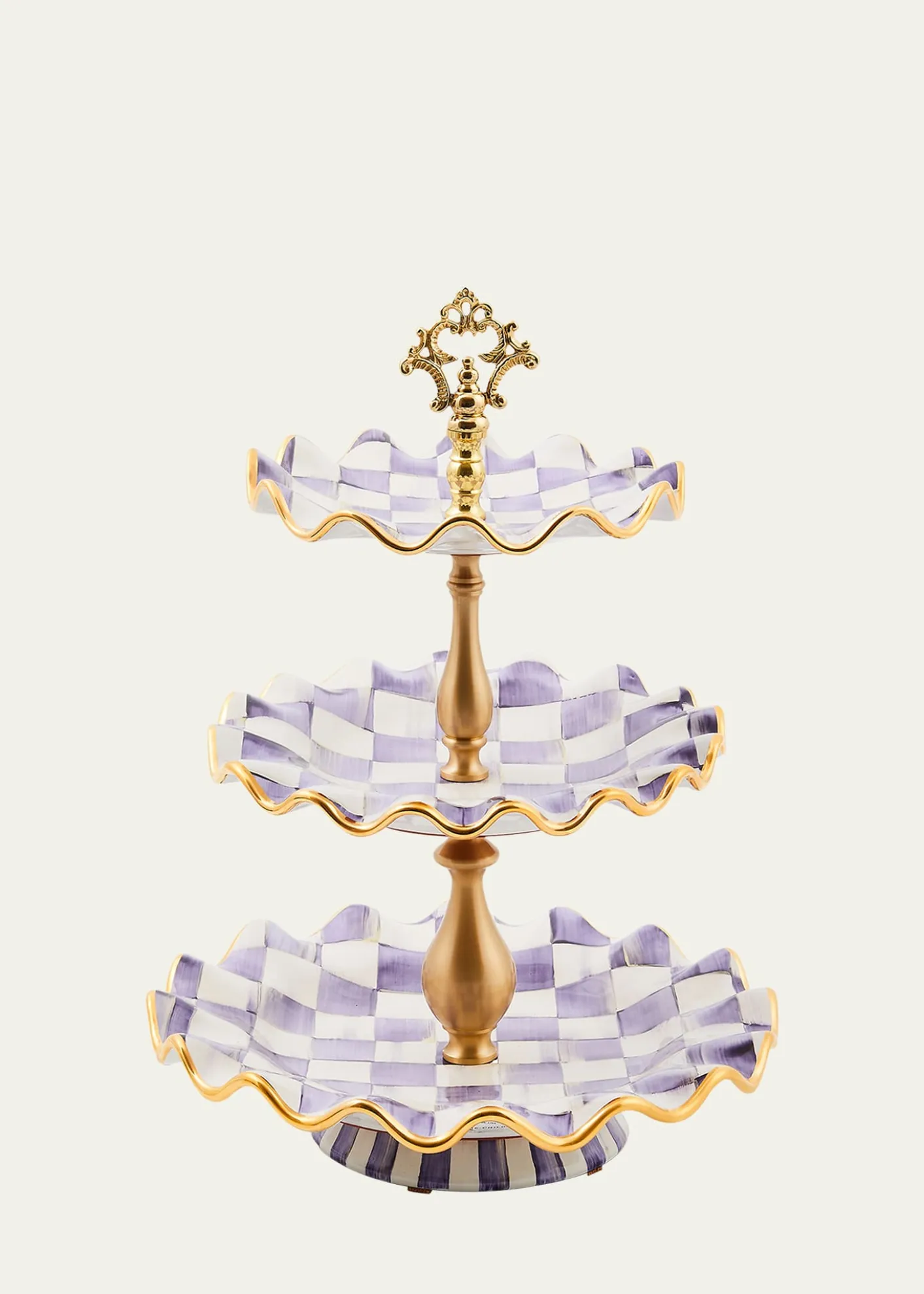 MacKenzie-ChildsViolet Check Fluted Ceramic Three-Tier Sweet Stand