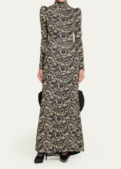 Marc Jacobs RunwayLace-Print Sculptural Long-Sleeve Bow Trumpet Gown