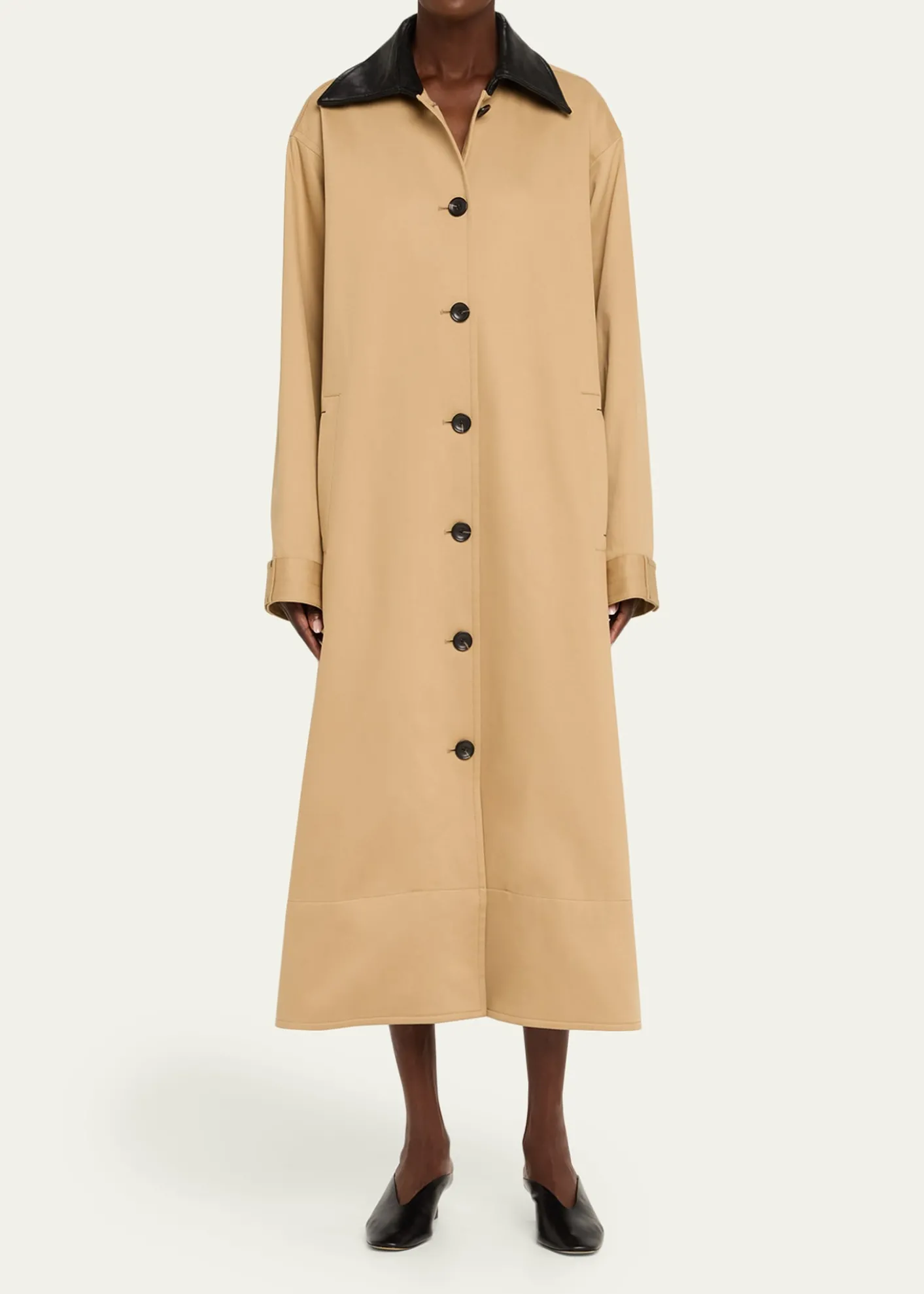 MARIA MCMANUSLeather-Collar A-Line Long Swing Coat