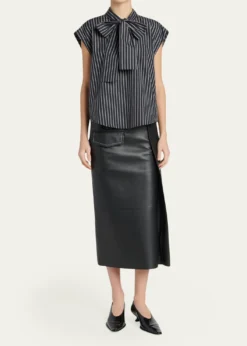 MarniSelf-Tie Half-Placket Striped Blouse