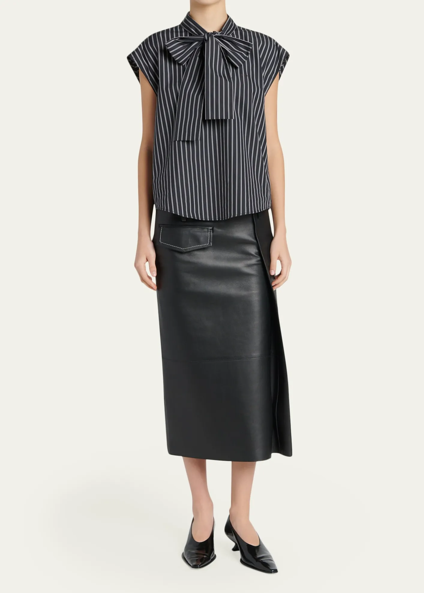 MarniSelf-Tie Half-Placket Striped Blouse