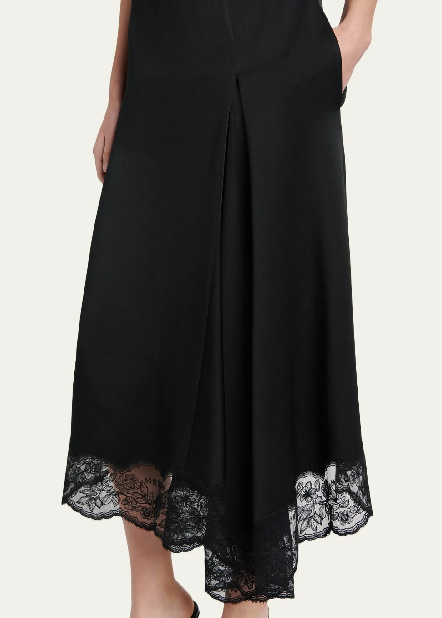 McQueenAsymmetric Lace-Trim Satin Midi Skirt