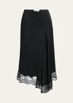 McQueenAsymmetric Lace-Trim Satin Midi Skirt