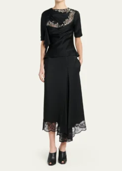 McQueenAsymmetric Lace-Trim Satin Midi Skirt