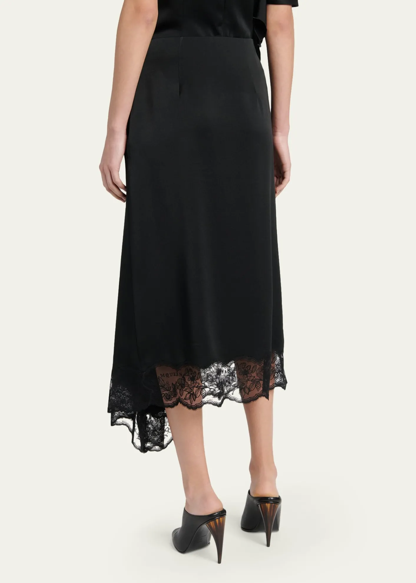McQueenAsymmetric Lace-Trim Satin Midi Skirt