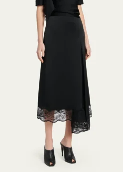 McQueenAsymmetric Lace-Trim Satin Midi Skirt