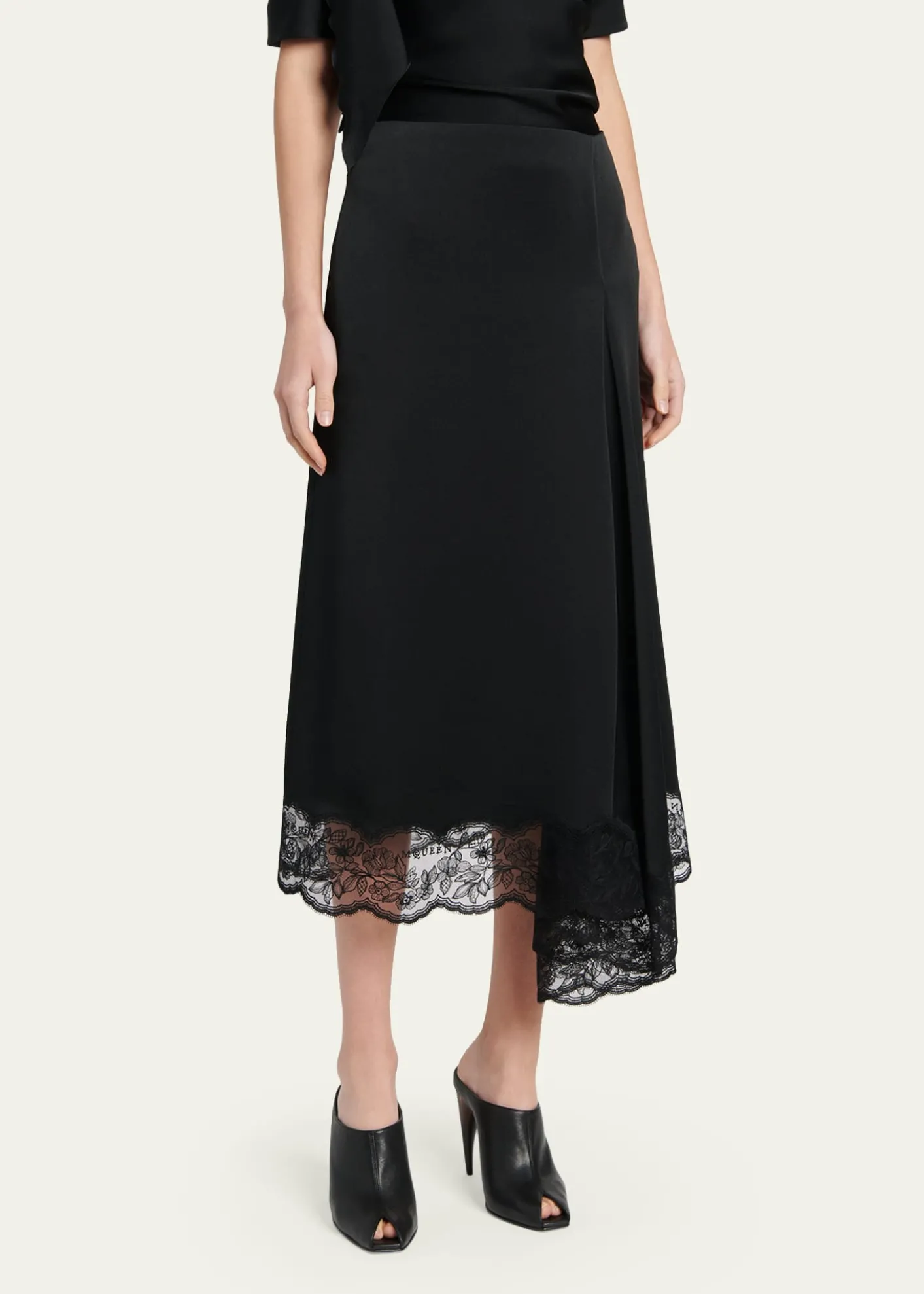 McQueenAsymmetric Lace-Trim Satin Midi Skirt