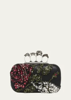 McQueenBead & Crystal Flower Skull Four Ring Clutch Bag