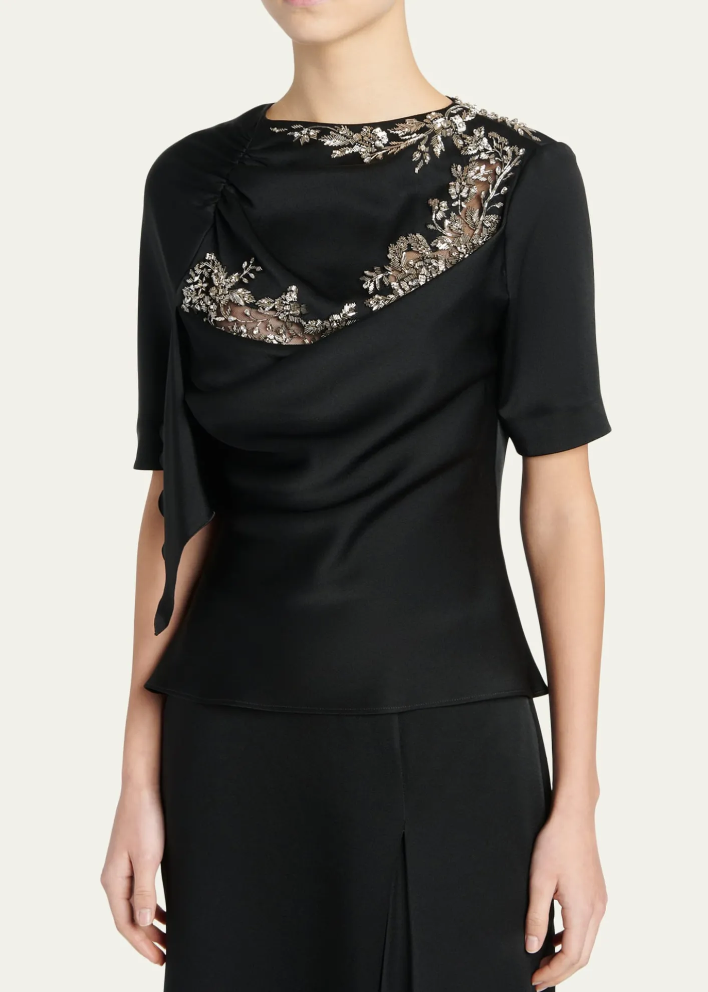 McQueenEmbroidered Lace Draped Silk Top