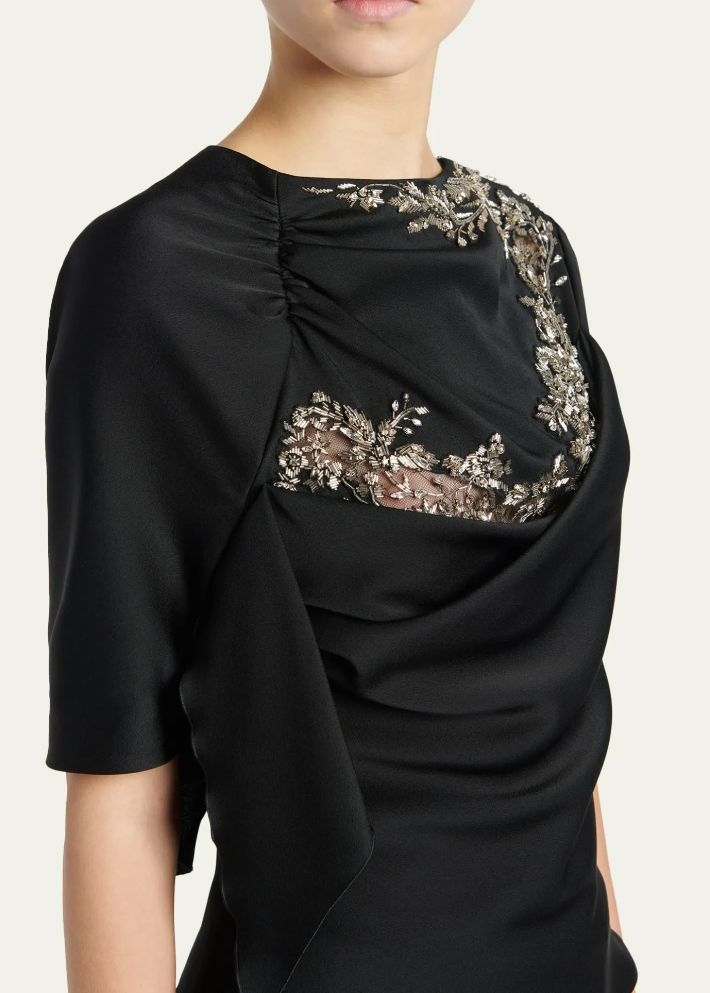 McQueenEmbroidered Lace Draped Silk Top