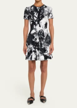McQueenFloral Jacquard Short-Sleeve Mini Dress
