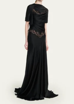 McQueenLace-Inset Draped Satin Evening Dress