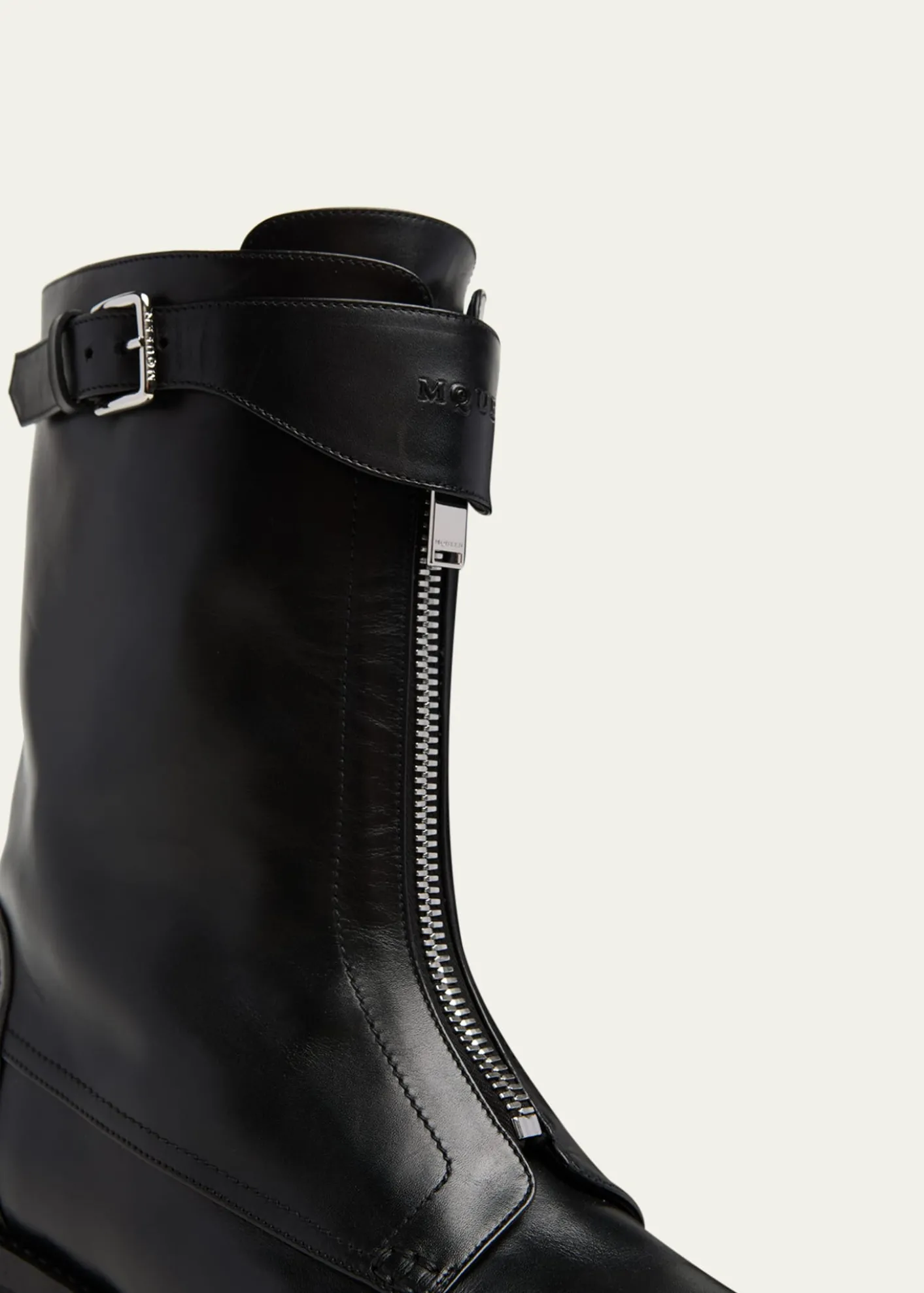 McQueenMen's Biker Leather Center-Zip Buckle Boots